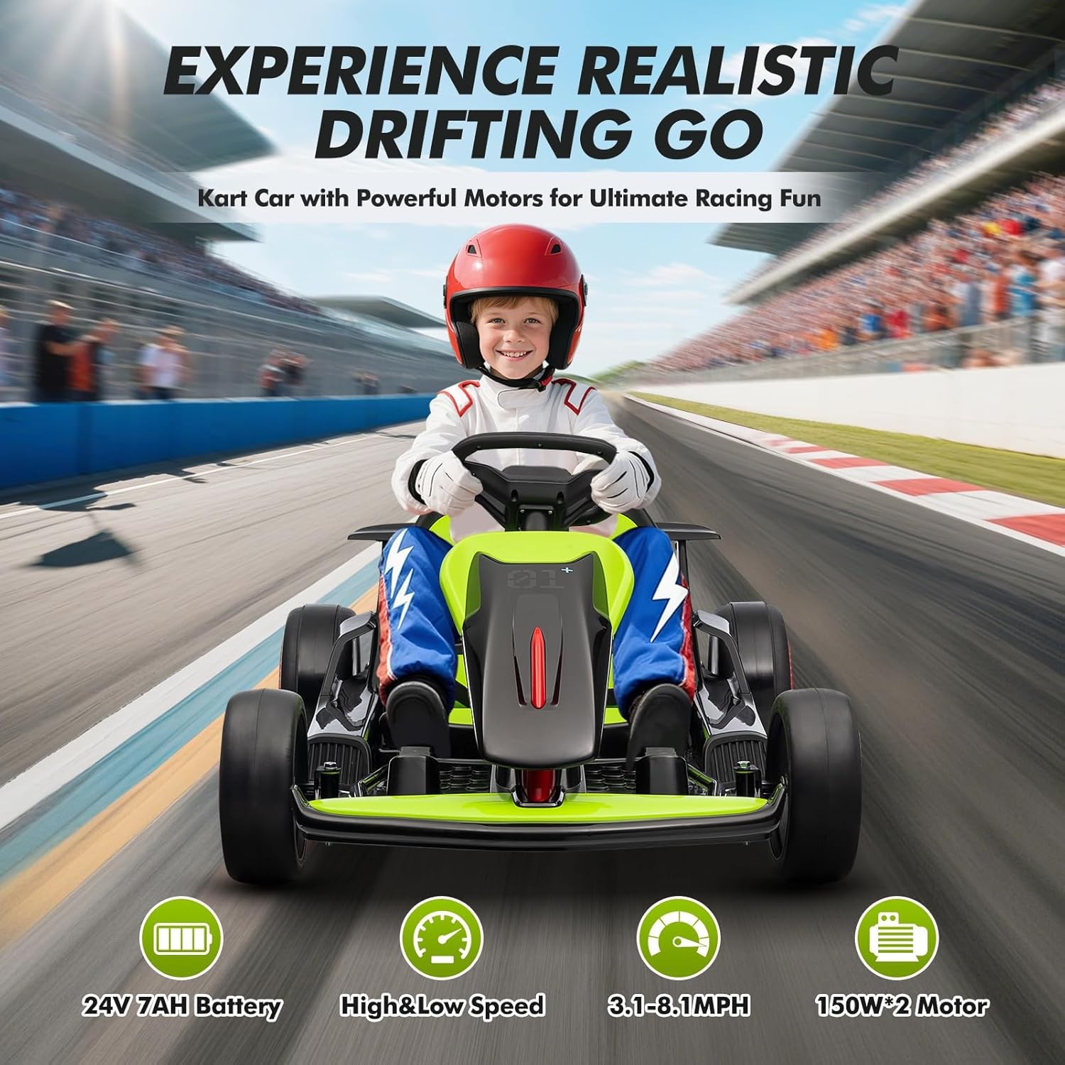 Kids Electric Drift Kart – 200W Dual Motor, 5-Point Belt & 110LBS Capacity Green