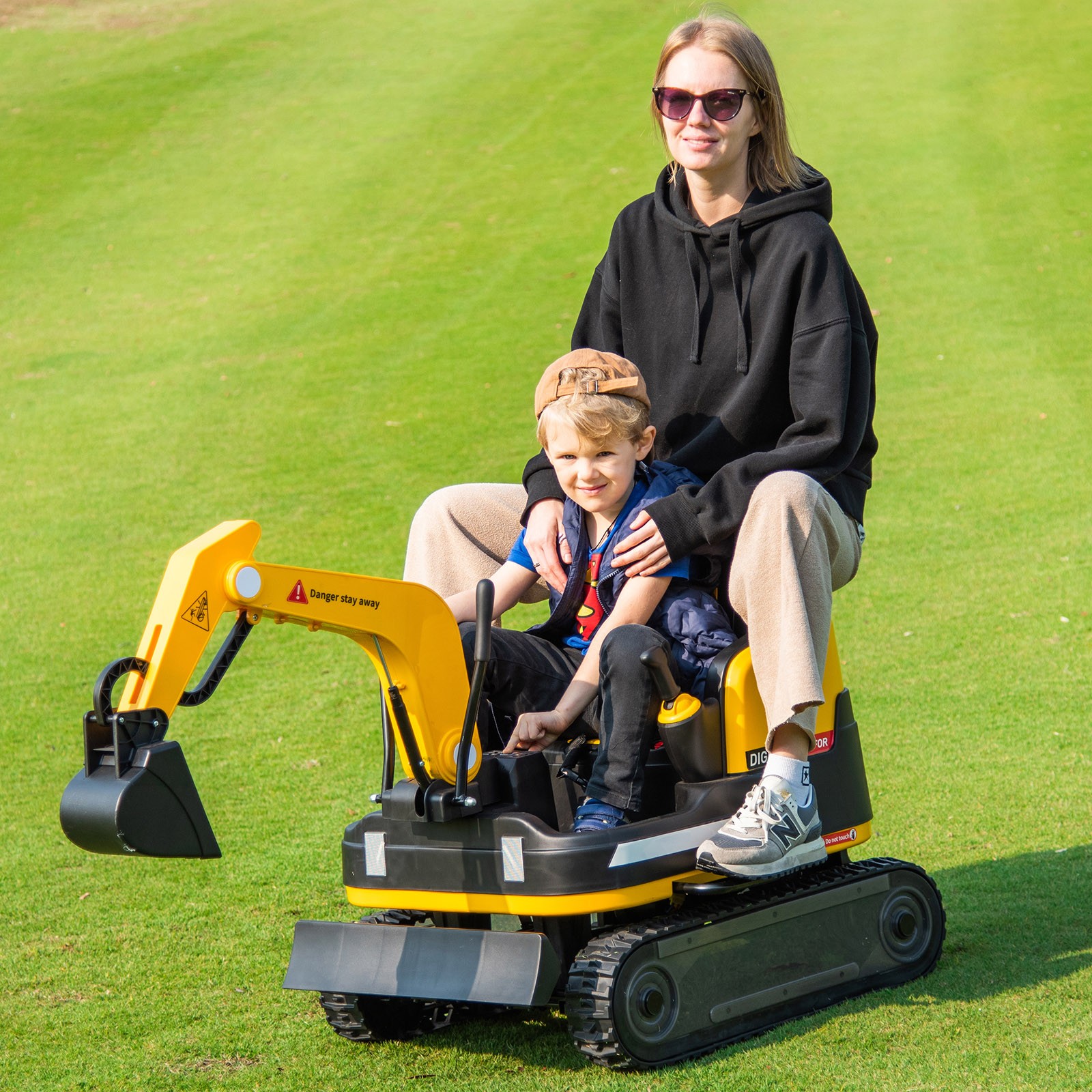 Yellow 2IN1 12V Battery Kids Ride On Excavator+Bulldozer 360°,3 Speed,MP3,Remote