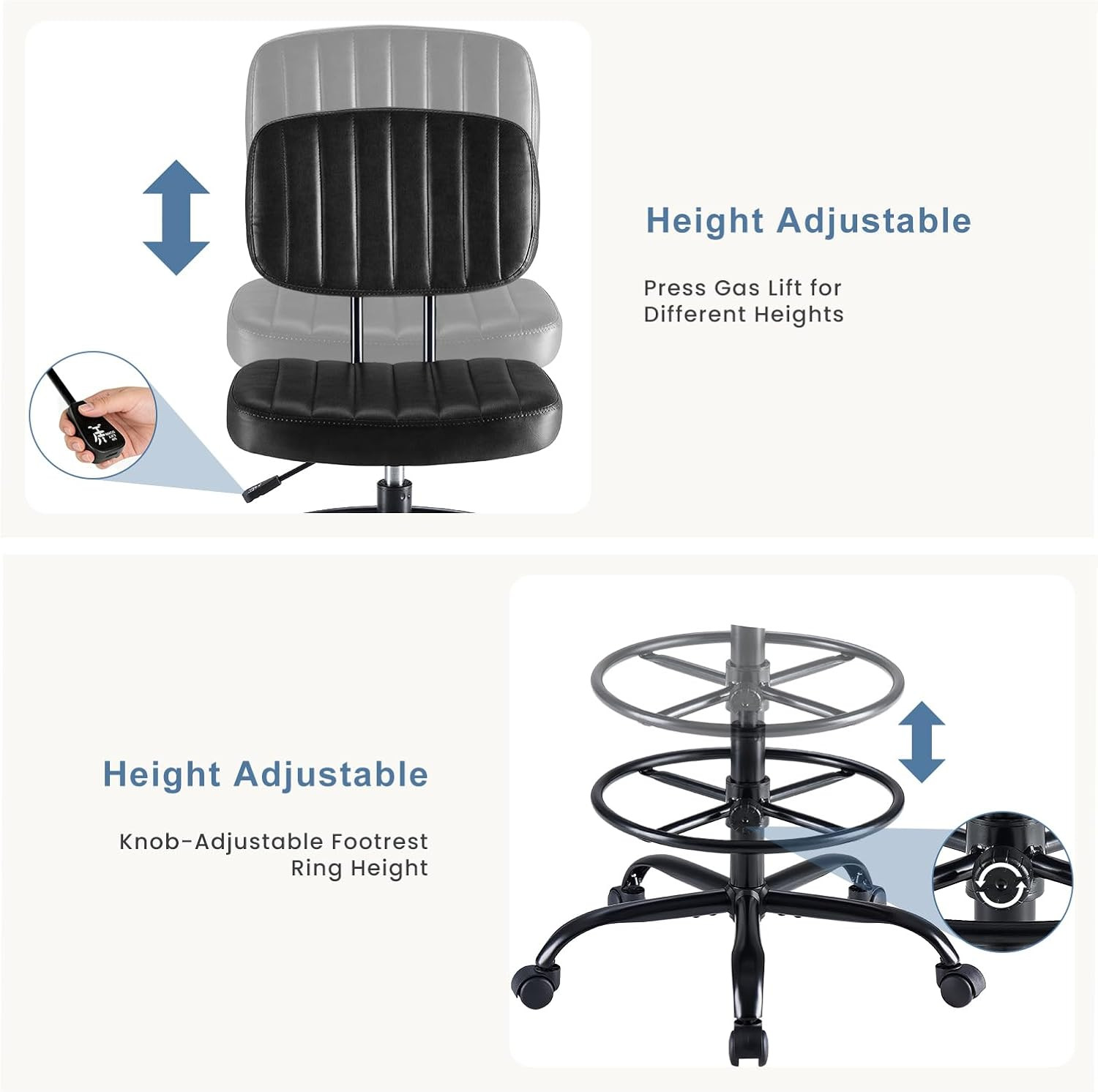 Armless Drafting Chair, Low Back Office Seat with Adjustable Footrest Ring for S