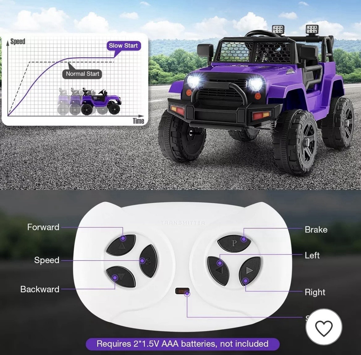 Purple 12V Kids Ride-On Car w/ Remote, Charger, Headlights, Lockable Doors