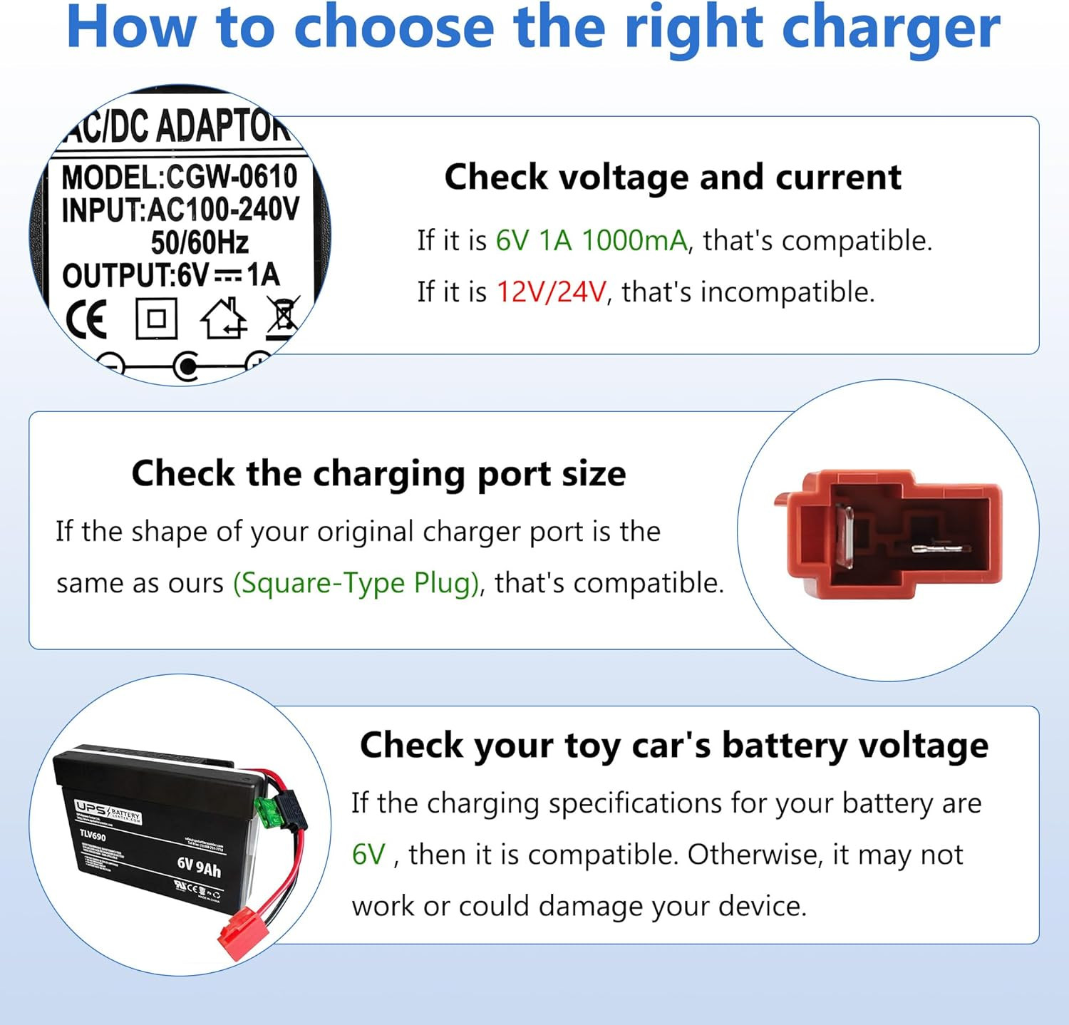 6V Battery Charger for Ride on Toys Car, Compatible with BMX X6, Kid TRAX GMC, W