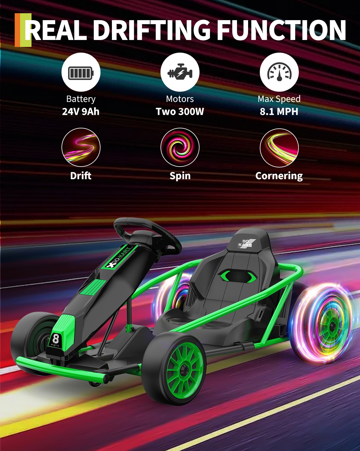 Ride On Go Kart for Kids,Fast Drifting Circling Car,Electric Ride Toy Slow-Green