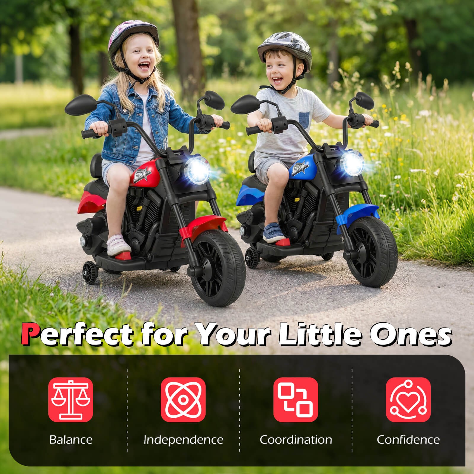 Kids Motorcycle w/Headlight, Music, Training Wheels, Foot Pedal for Boys Girls