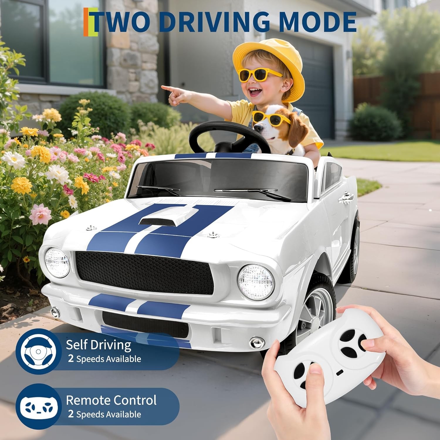 12V Electric Ride On Car for Kids, Remote Control, LED, Music, 3 Speeds, Safety