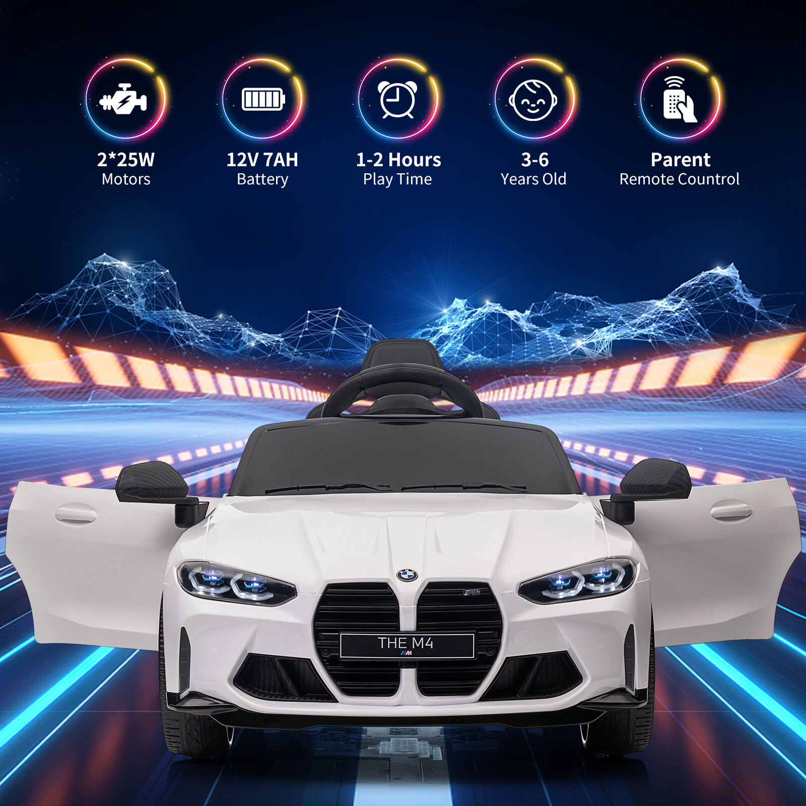 12V Kid Car w/RC, Licensed by BMW M4,Suspension System,3Speeds,Bluetooth,MP3,LED