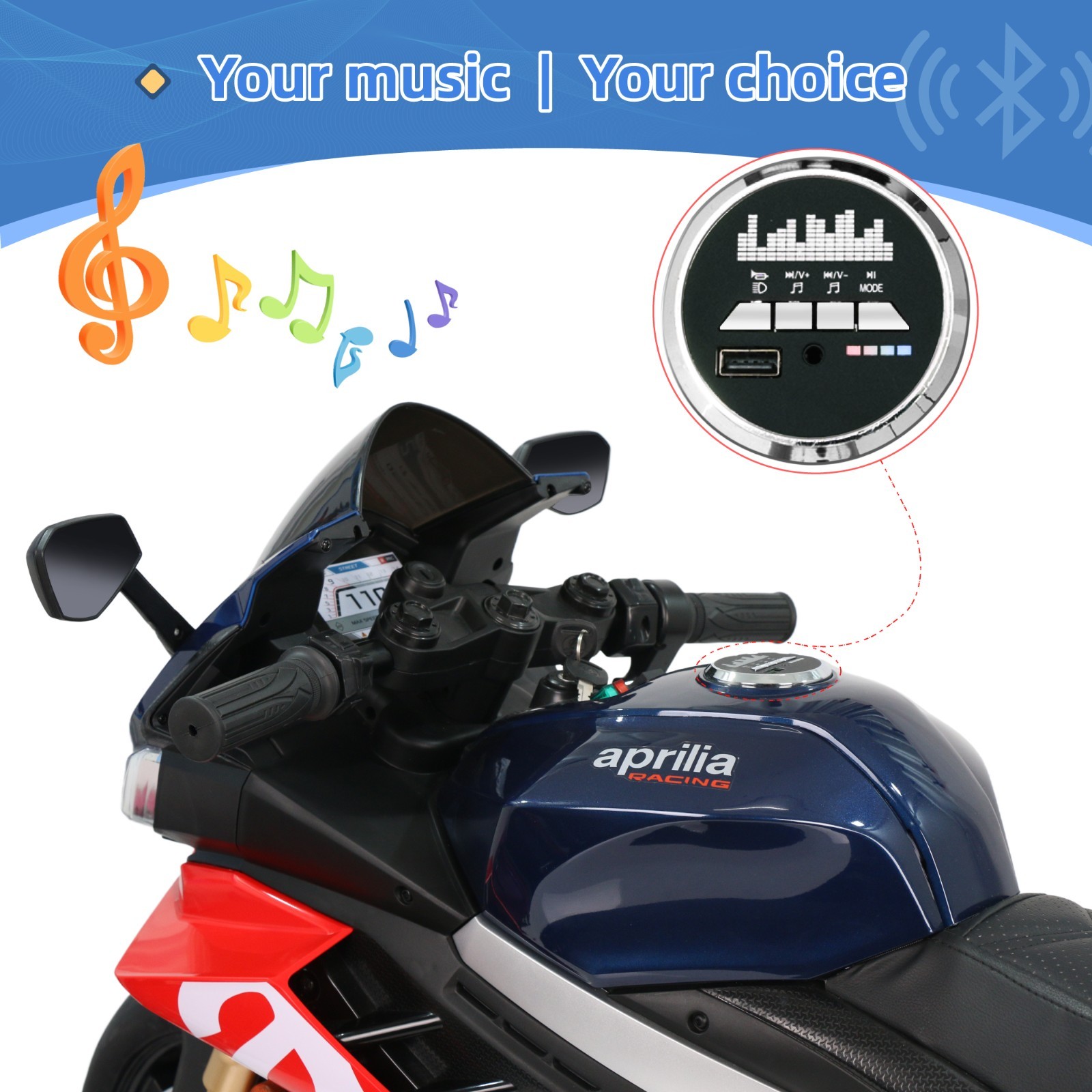 Blue Aprilia 24V Kids Electric Motorcycle 6mph Dirt Bike Ride on Toy w/Bluetooth
