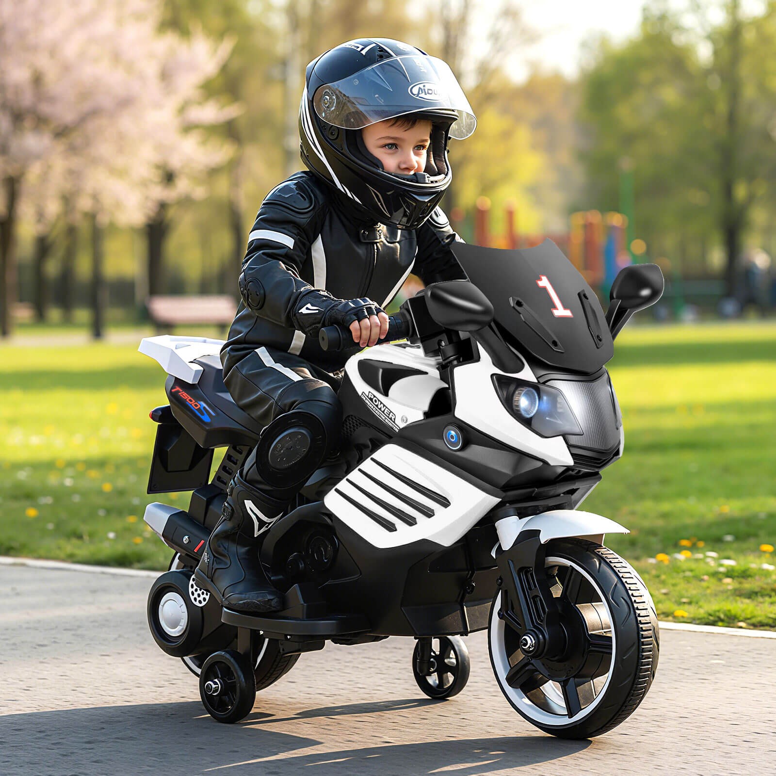 6V Kids Motorcycle w/Music, Horn, Detachable Training Wheels & LED Headlights
