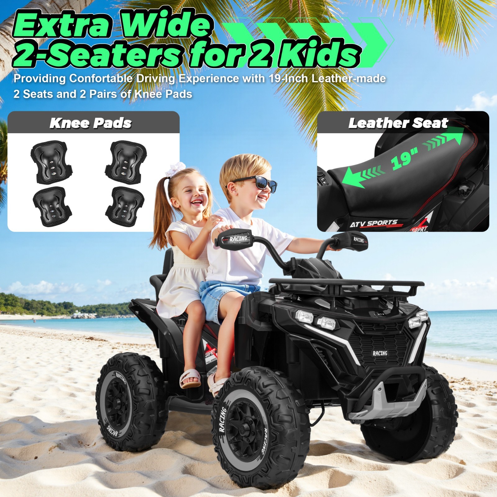 24V 4WD Kids ATV 2-Seat Ride On Car w/Remote Bluetooth USB Headlights EVA Tires