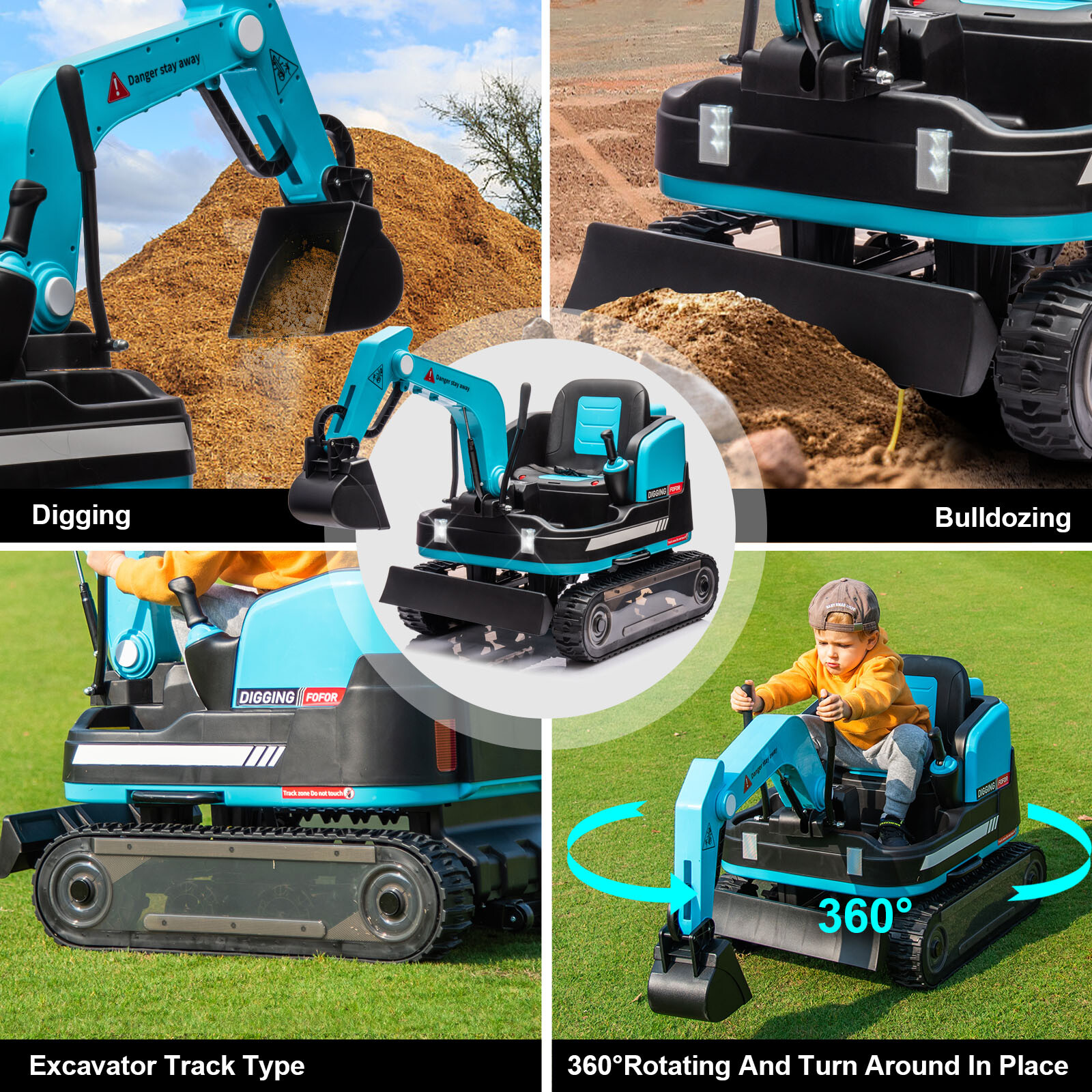 2in1 12V 360° Kids Blue Ride on Excavator Traxcavator Toys with RC