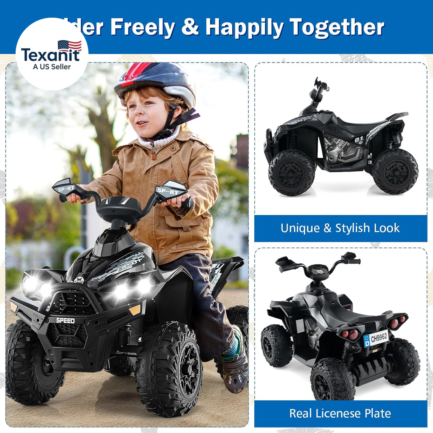 Kids Ride on ATV, 12V 4 Wheeler Quad Toy Vehicle with Music, Horn, High Low Spee