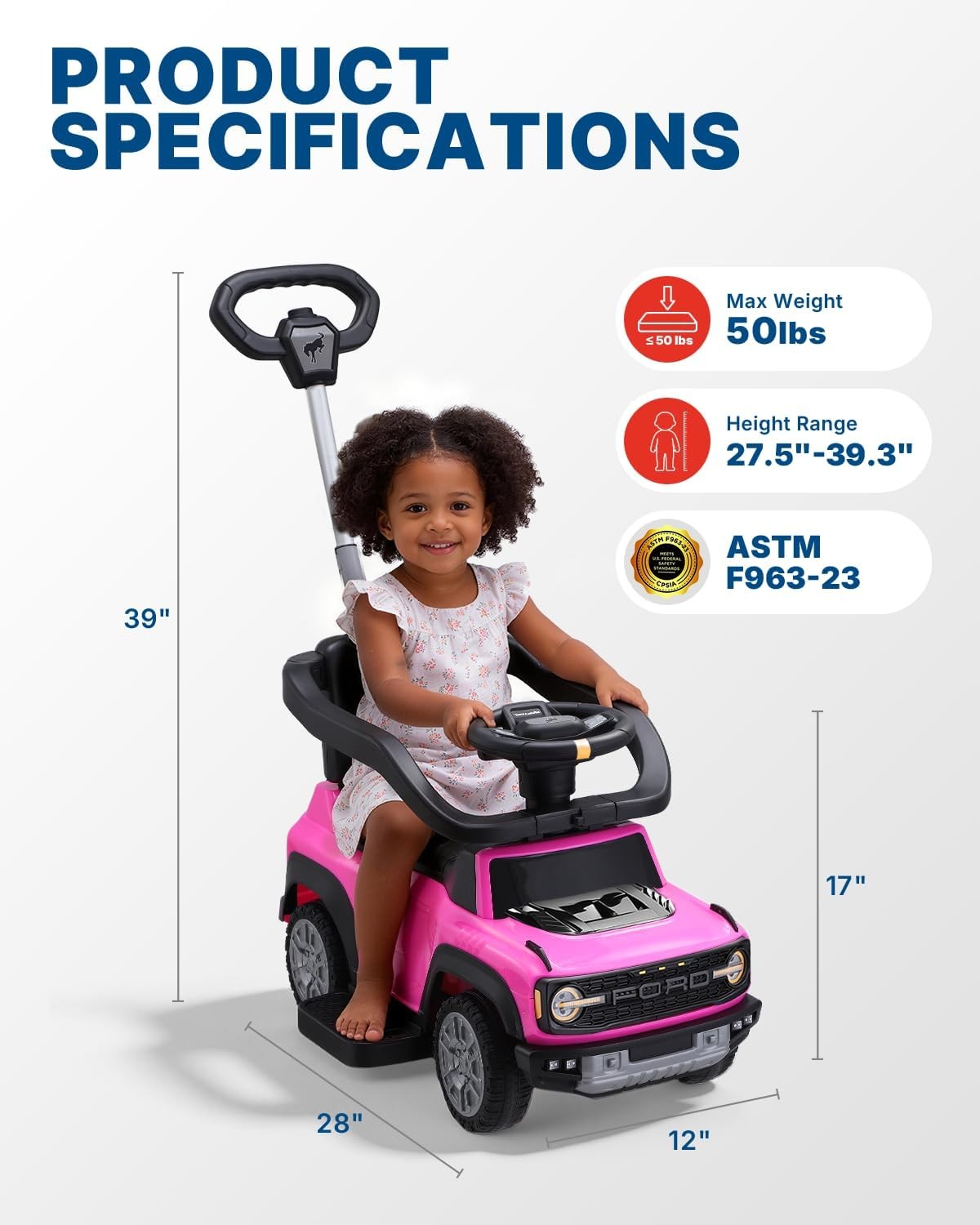 Licensed Ford Bronco Raptor 3-In-1 Toddler Push Car, Baby Push Car for Toddlers