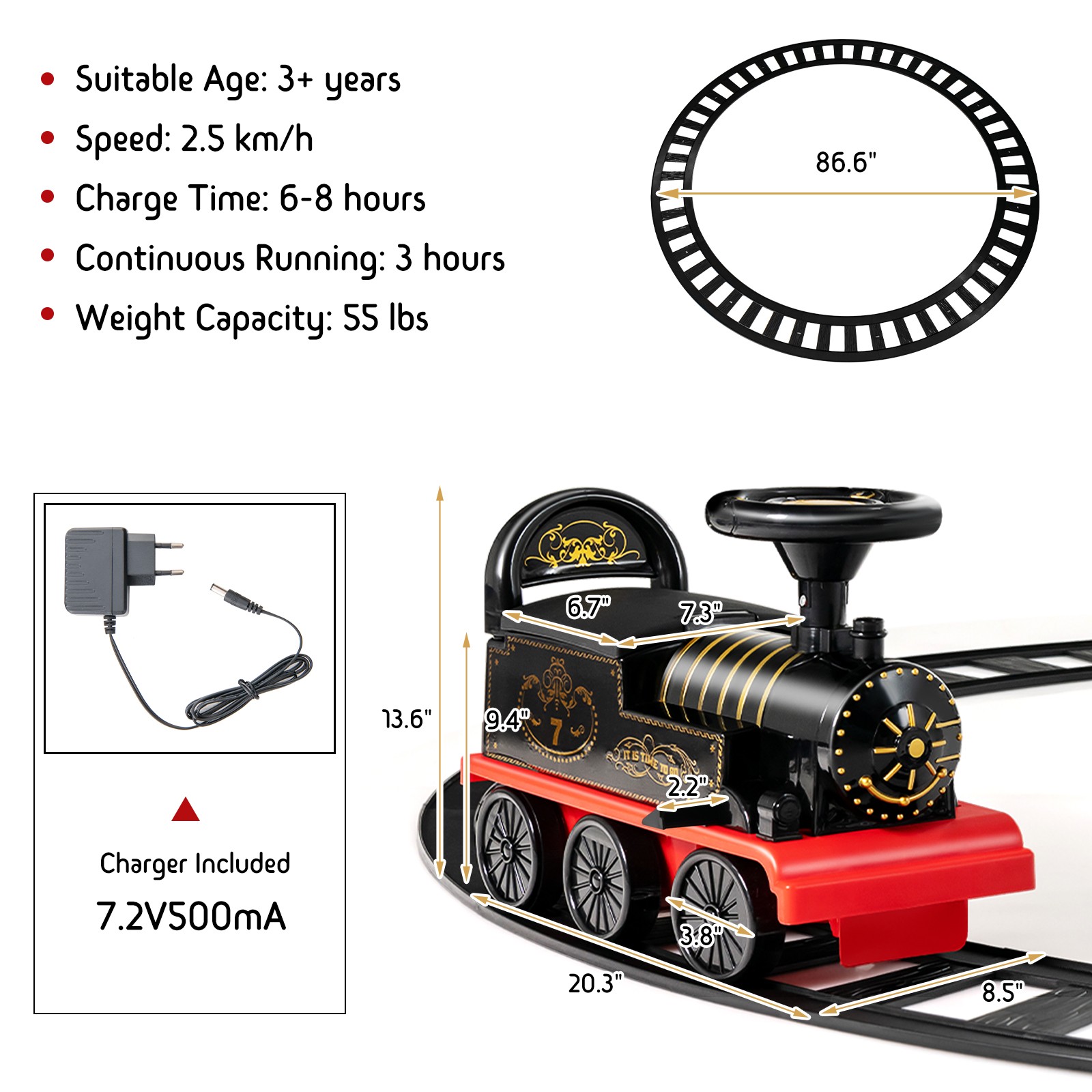 6V Electric Kids Motorized Train Toy with Unique Train Outlook & Stickers Black