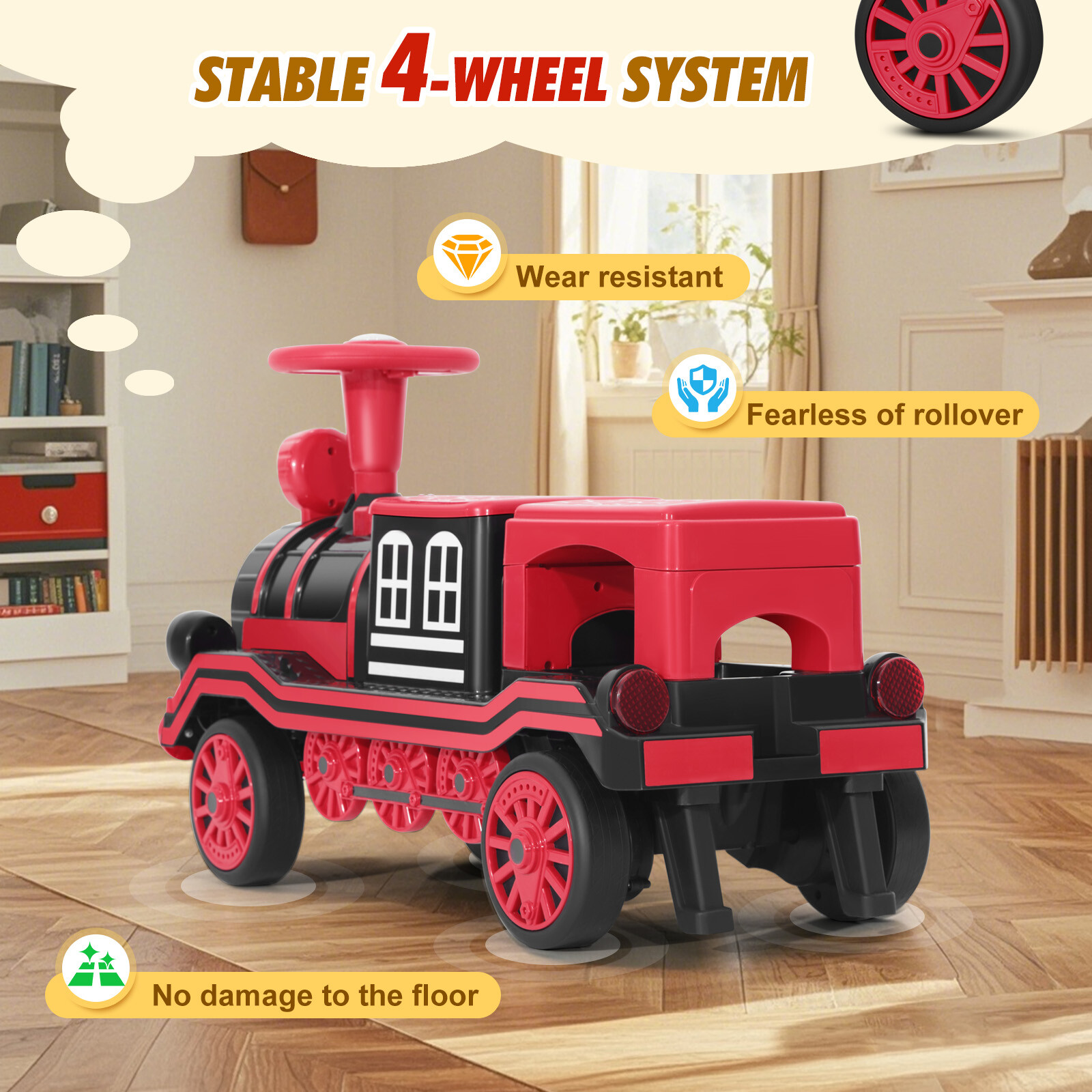 Large 2-Seater Red 12V Battery Kids Ride On Train w/2 Speed,Music,Lights,Storage