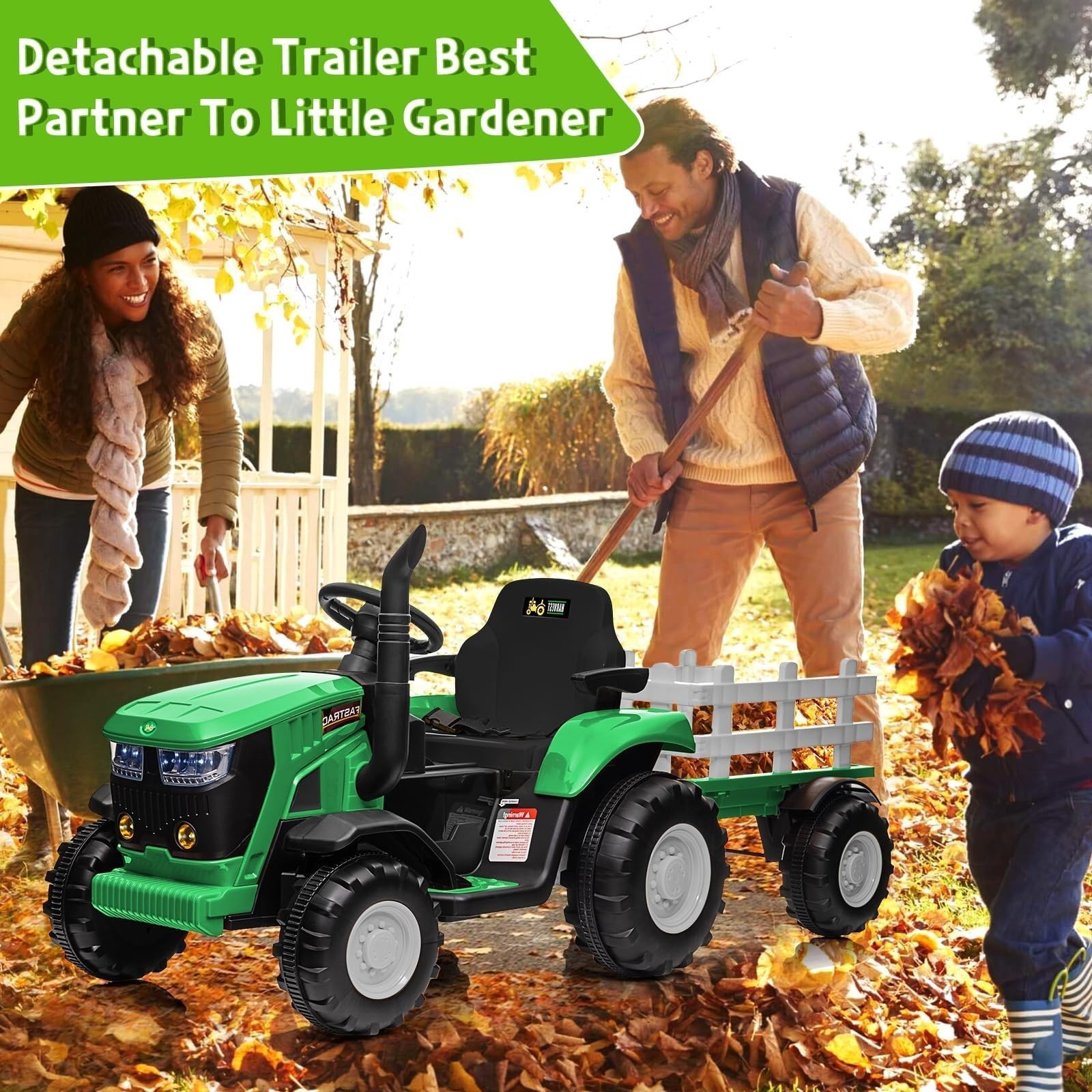 12V Kid Electric Tractor w/Trailer &Remote Control Music Gift 3-8Y Green Toy Car