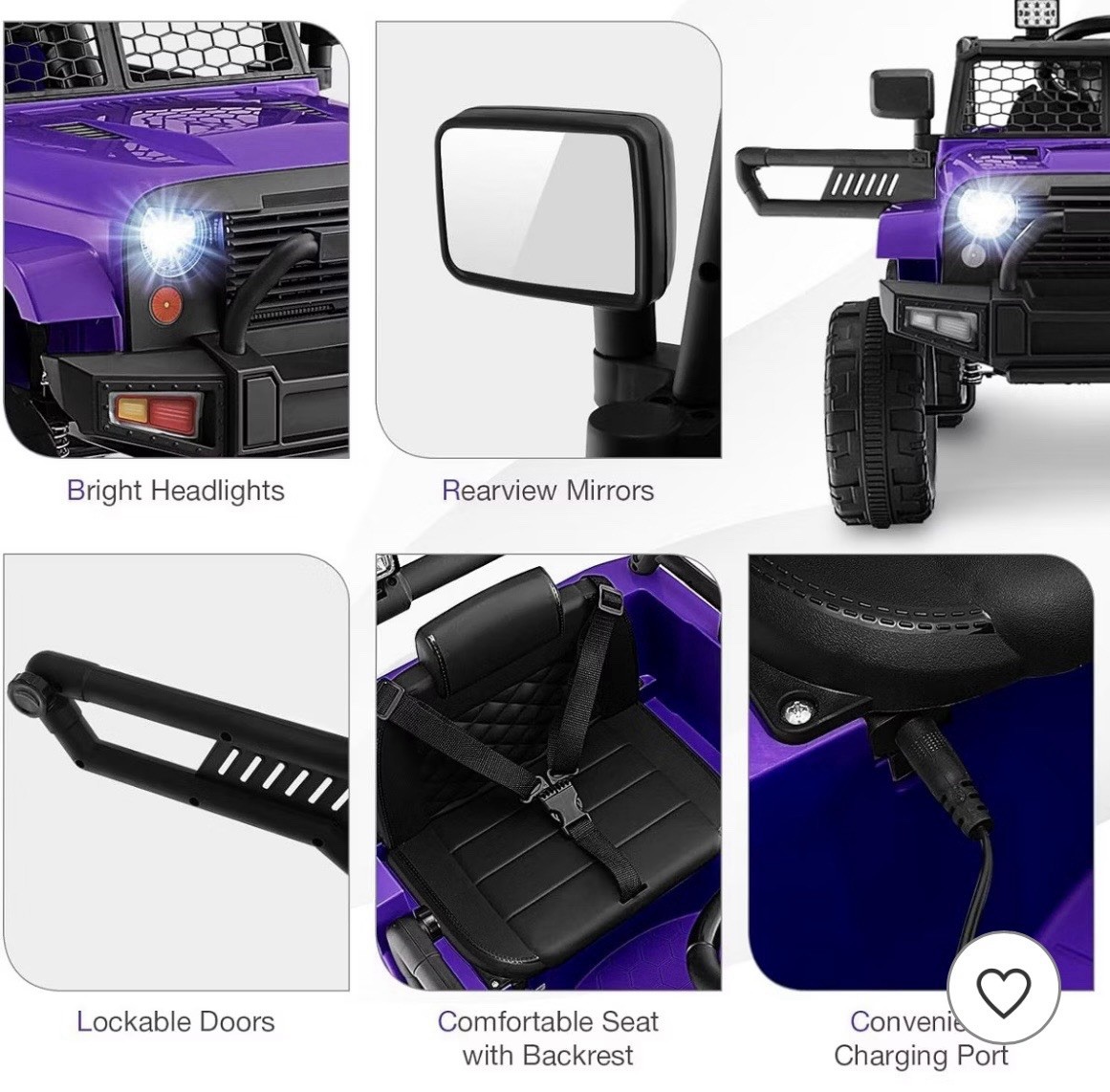 Purple 12V Kids Ride-On Car w/ Remote, Charger, Headlights, Lockable Doors
