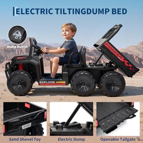 24V Ride on Toys, 2 Seater Dump Truck Car for Kids 4-8, 4WD Electric Black