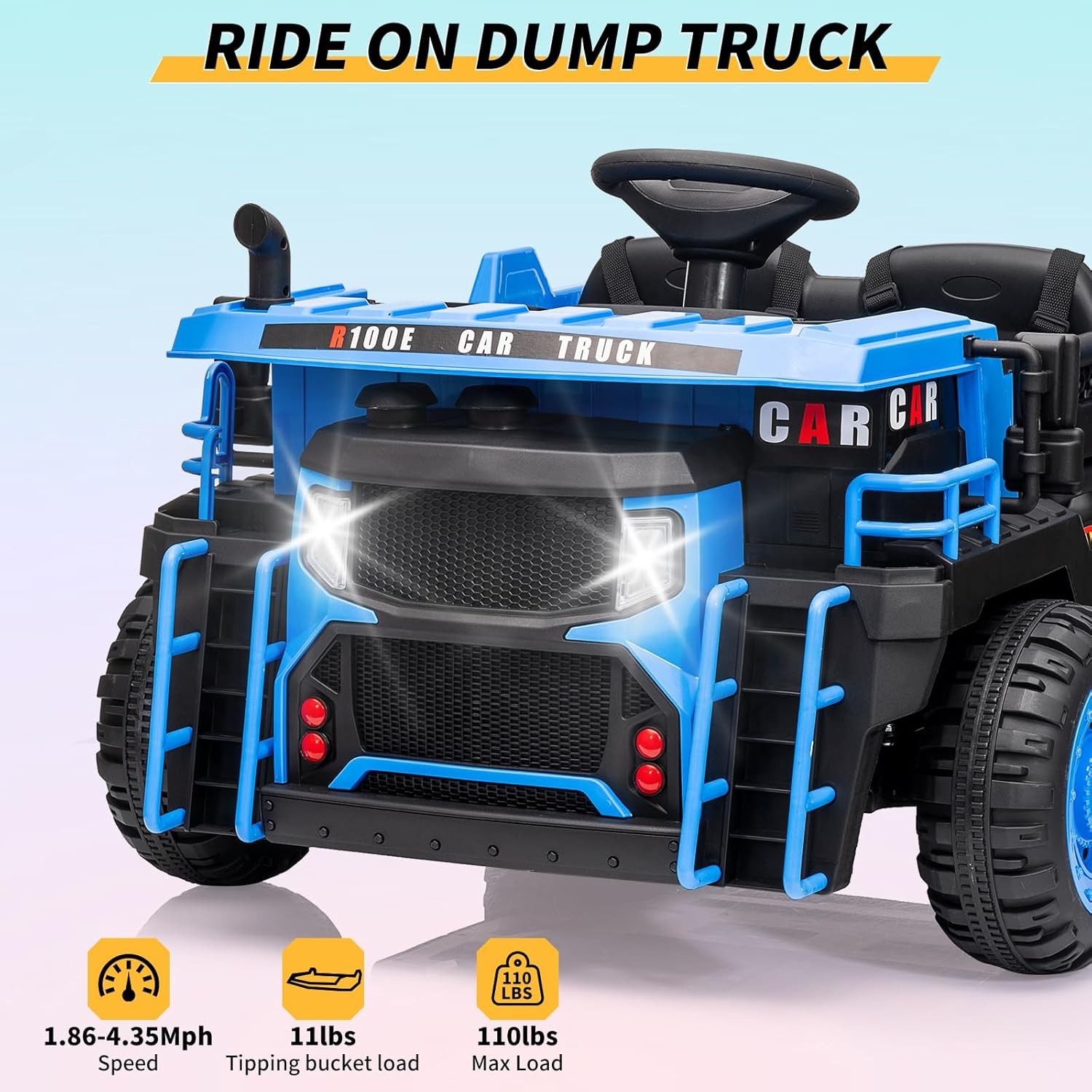 RC Kids Dump Truck in Blue + Auto Dump, LED Lights & Music, 2 Seats for Ages 3+
