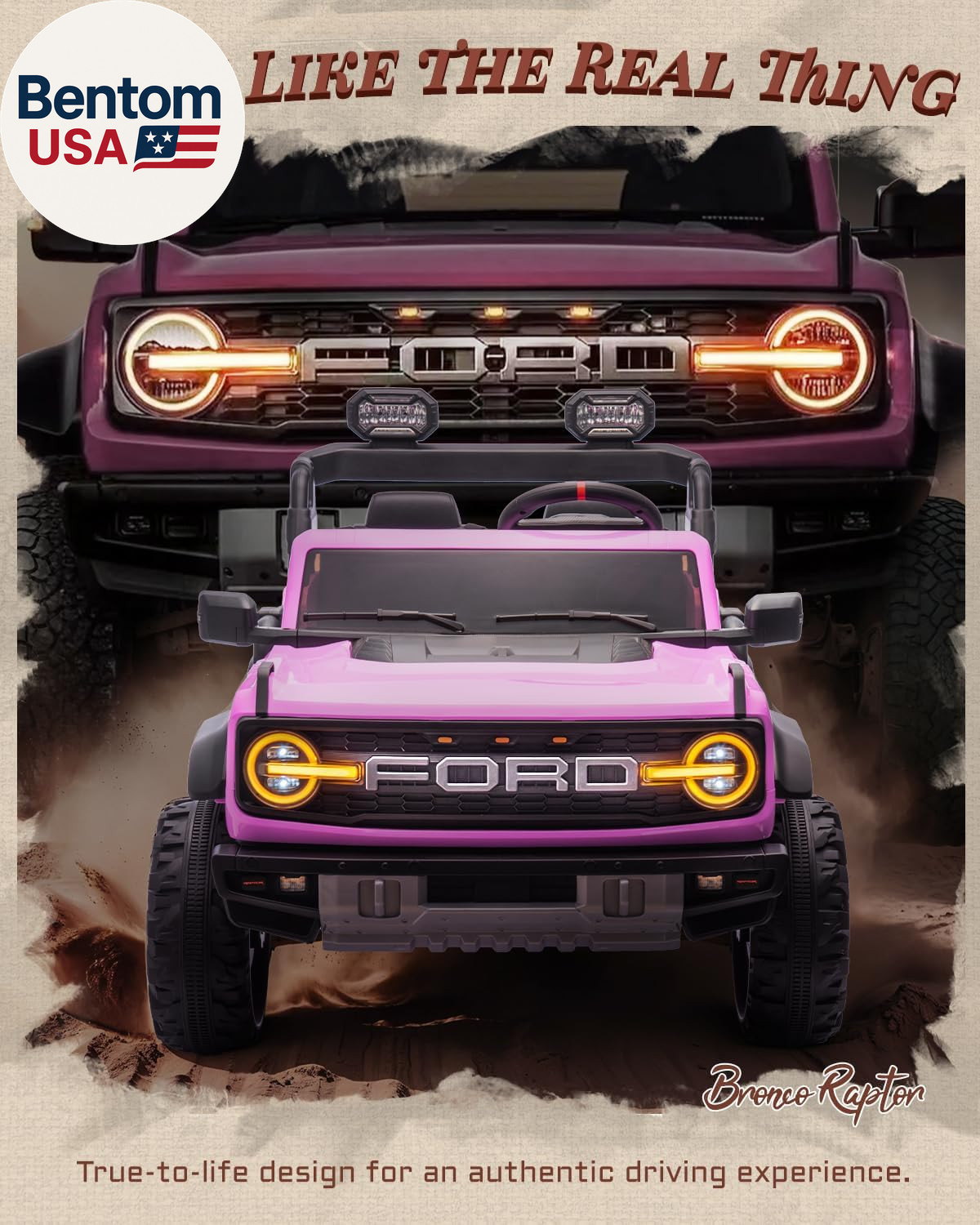 24V Ride on Toys for Big Kids, Licensed Ford Bronco Raptor 2 Seater Ride on Cars
