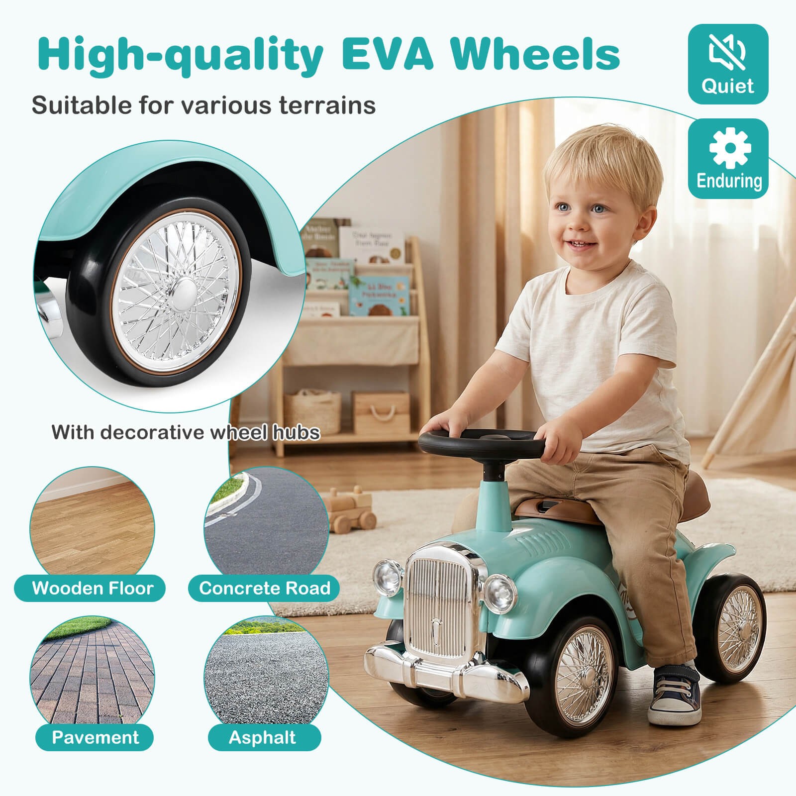 Retro Toddler Ride-on Toy 40° Limit Steering w/ Storage Space, DIY Stickers