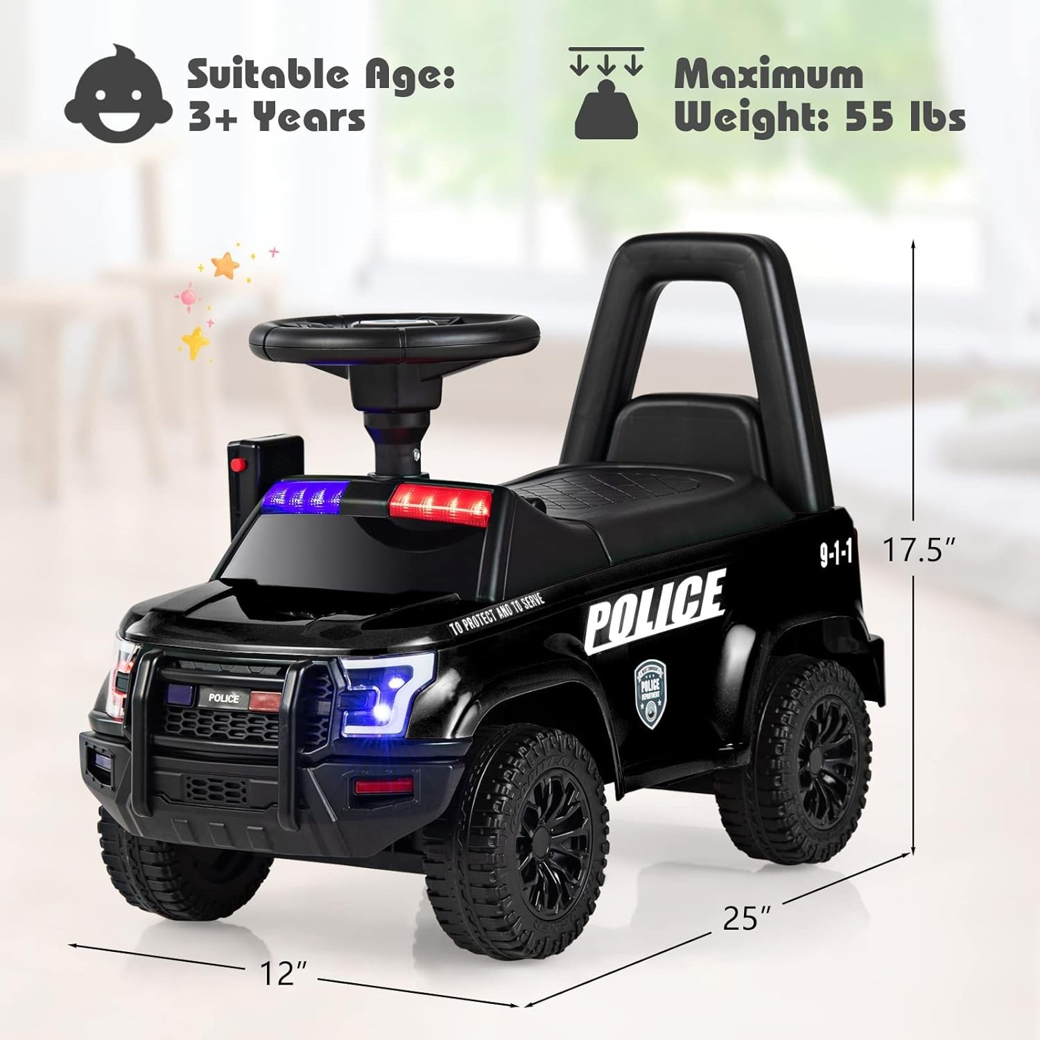 Ride on Push Police Car, Toddler Foot-To-Floor Sliding Toy with Siren, Steering