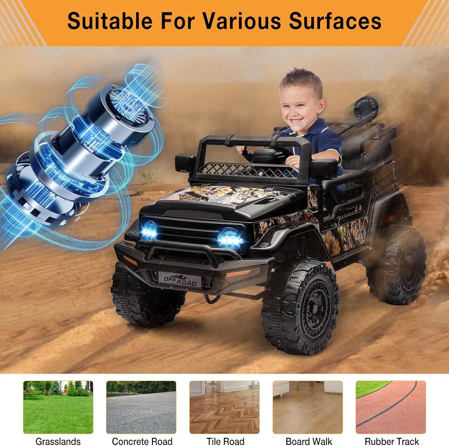 12V Kids Ride on Car Toy,3Rd Gear,Spring Suspension,Safety Brake and Bluetooth