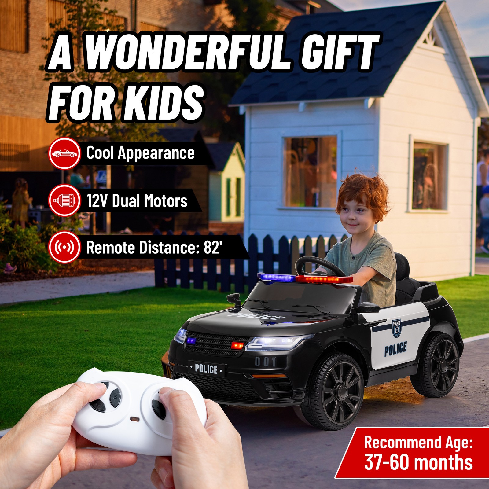 12V Kids Ride on Police Car w/ Remote Control, Black