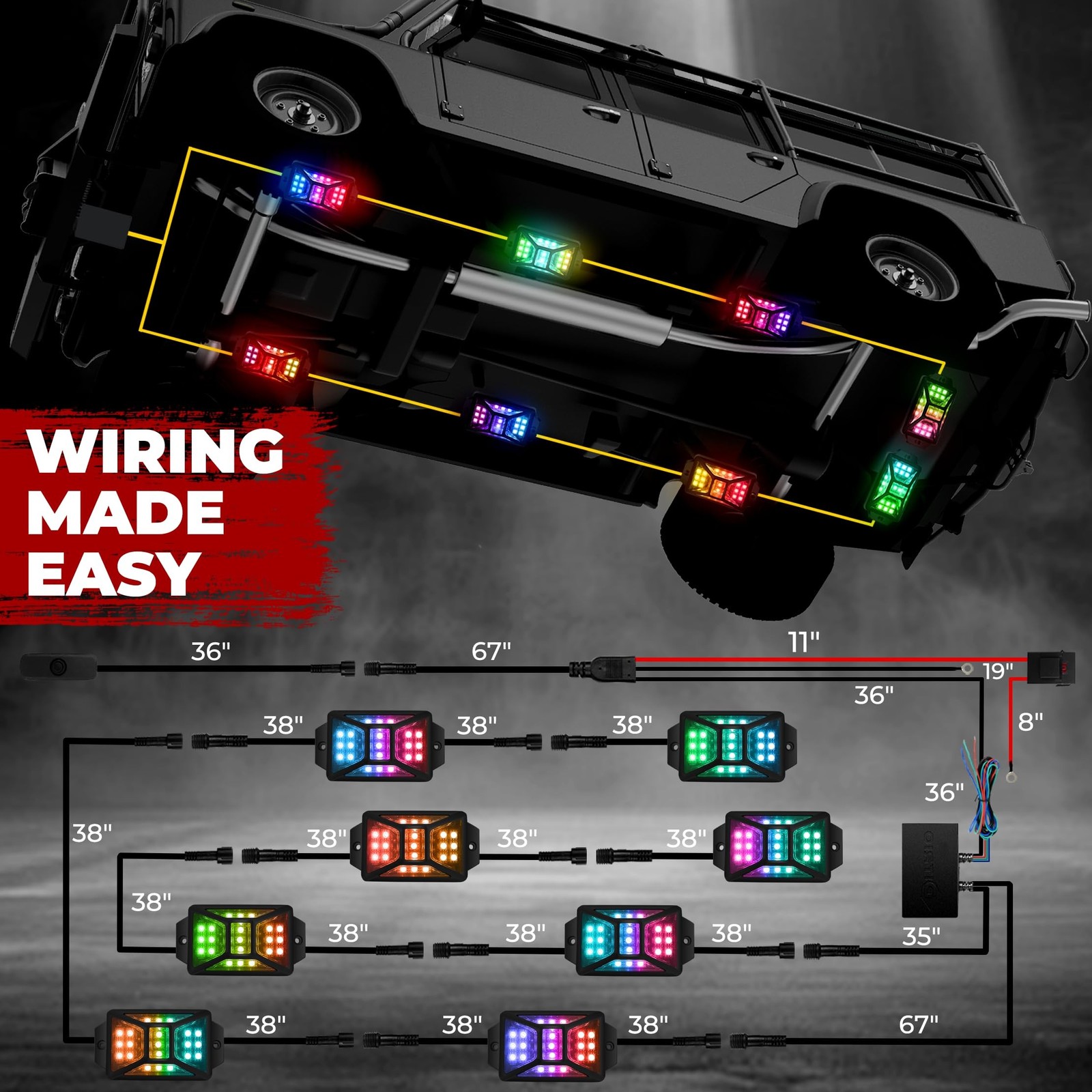 8 Pods Five Sided RGB Rock Lights for Trucks Jeep UTV SUV ATV Golf Cart, Mult…