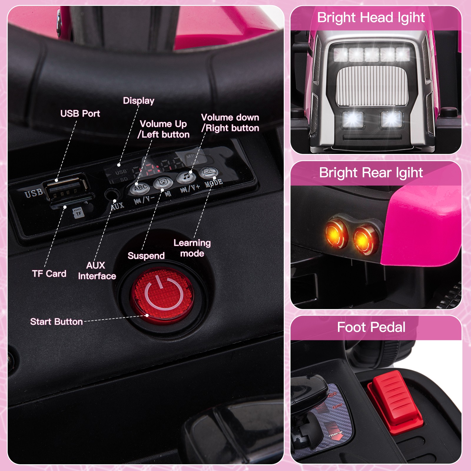 12V Kids Ride On Toys Tractor Battery Powered Electric Car with Trailer LED USB