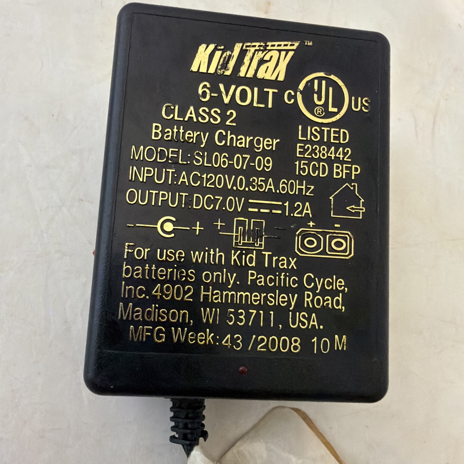 Kid Trax Shengle Electronic SL06-07-09 6V 1A AC / DC Battery Charger Square Plug