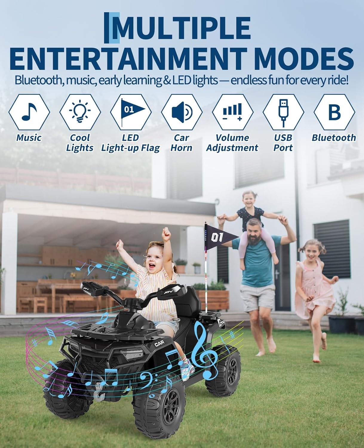 12V Kids 4 Wheeler ATV Quad Car Off-road Ride on Toy w/ LED MP3 Bluetooth Black