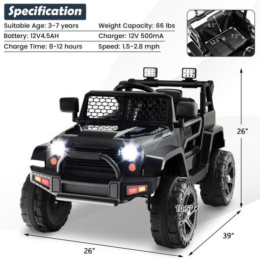 12V Kids Ride On Truck with Remote Control and Headlights-Black – Color: Black