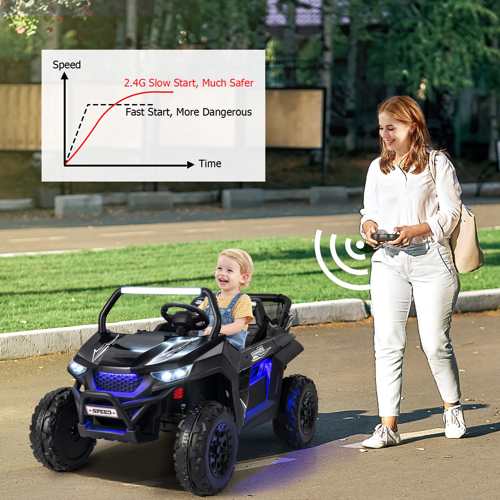 12V Ride on Truck w/ 3-Points Safety Belts & Lockable Doors up to 130 LBS Black