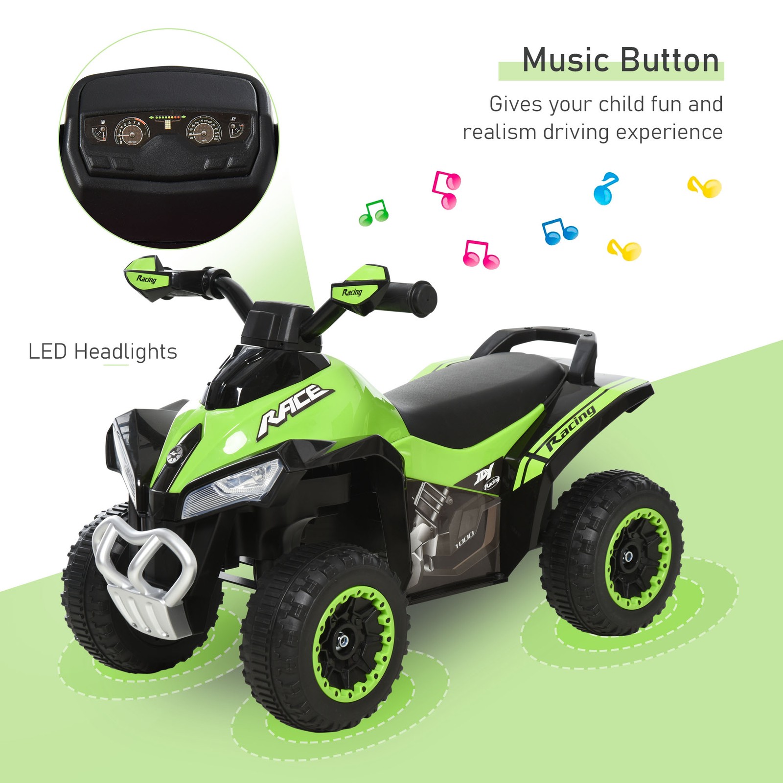 NO Power Kids Ride On Push Car, w/ Music, Lights for 1.5-3, Green