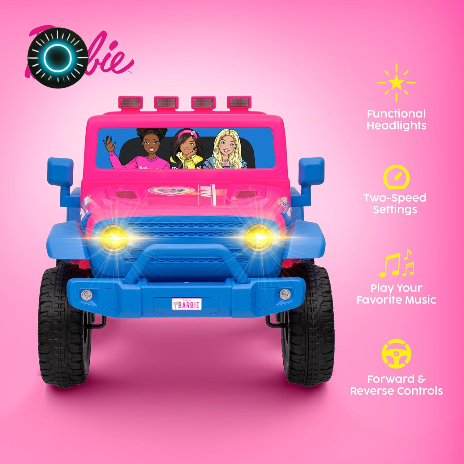 Barbie 12V Kids Ride-On Jeep with Rechargeable Battery LED Headlights Press NEW