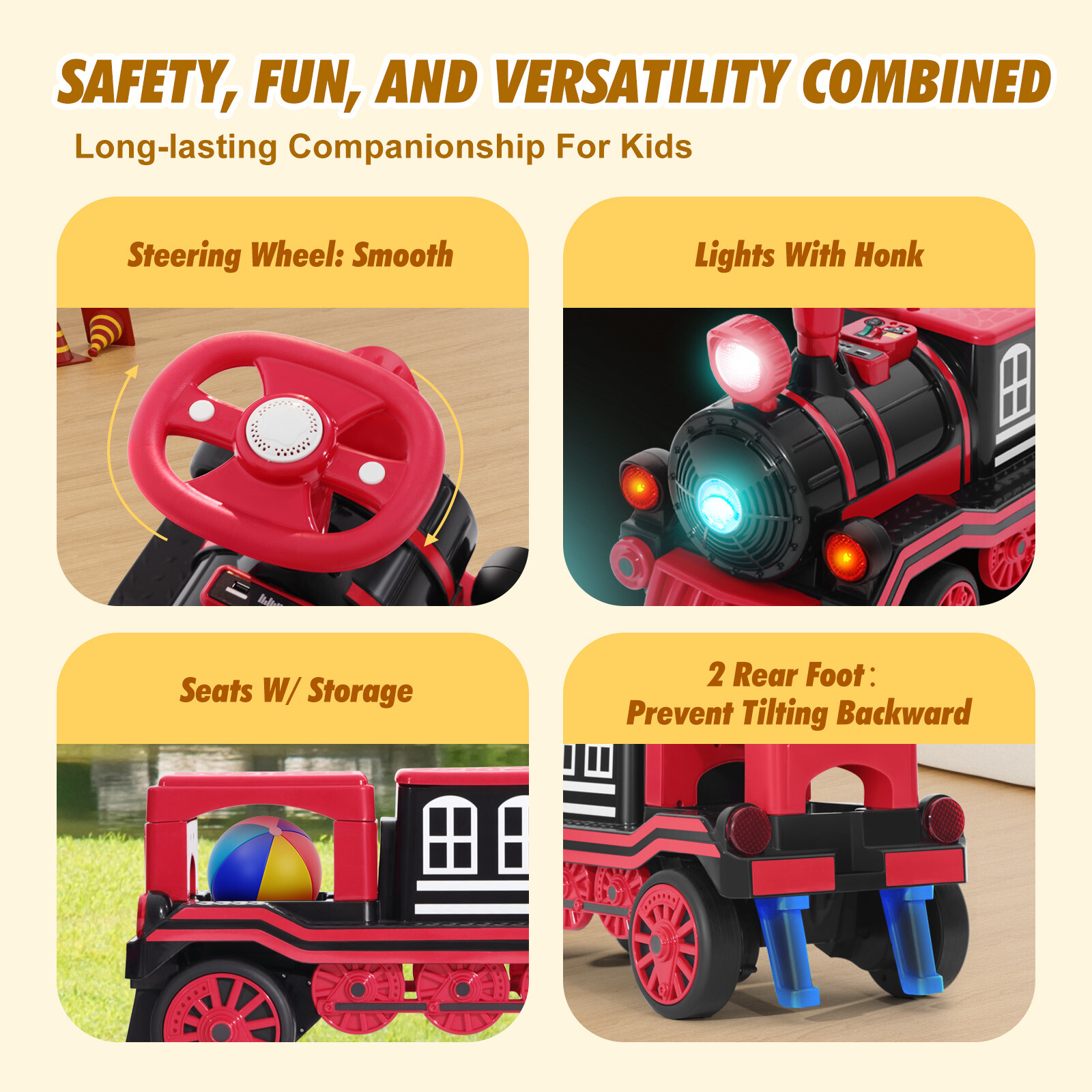 Large 2-Seater Red 12V Battery Kids Ride On Train w/2 Speed,Music,Lights,Storage
