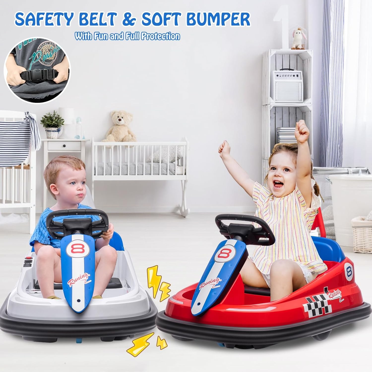 Kids Electric Bumper Car 6V, 1.9mph, Music/Horn, Seat Belt, Anti-Flat Tires