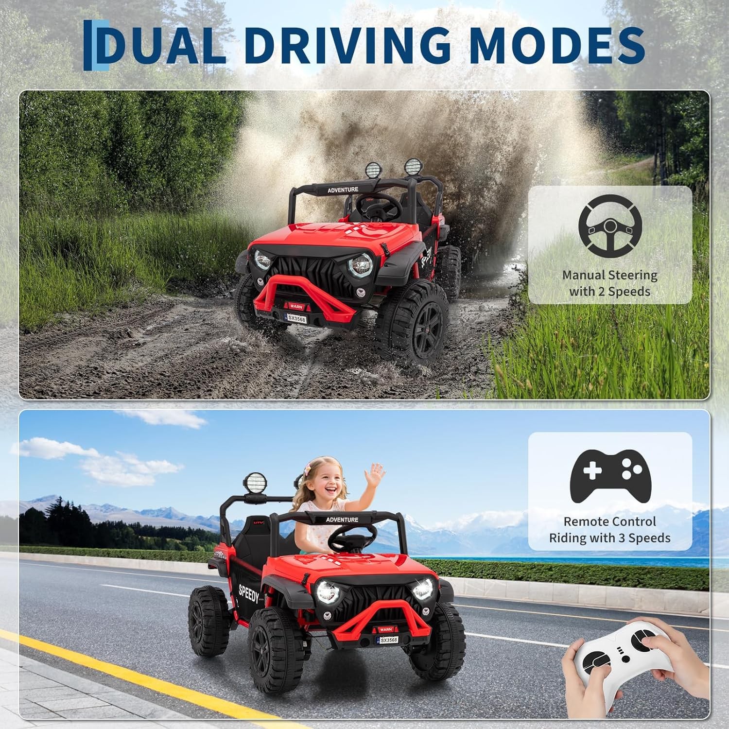 2 Seater Kids Ride on Car Toy 24V Ride on Toy w/Remote Control Bluetooth Red