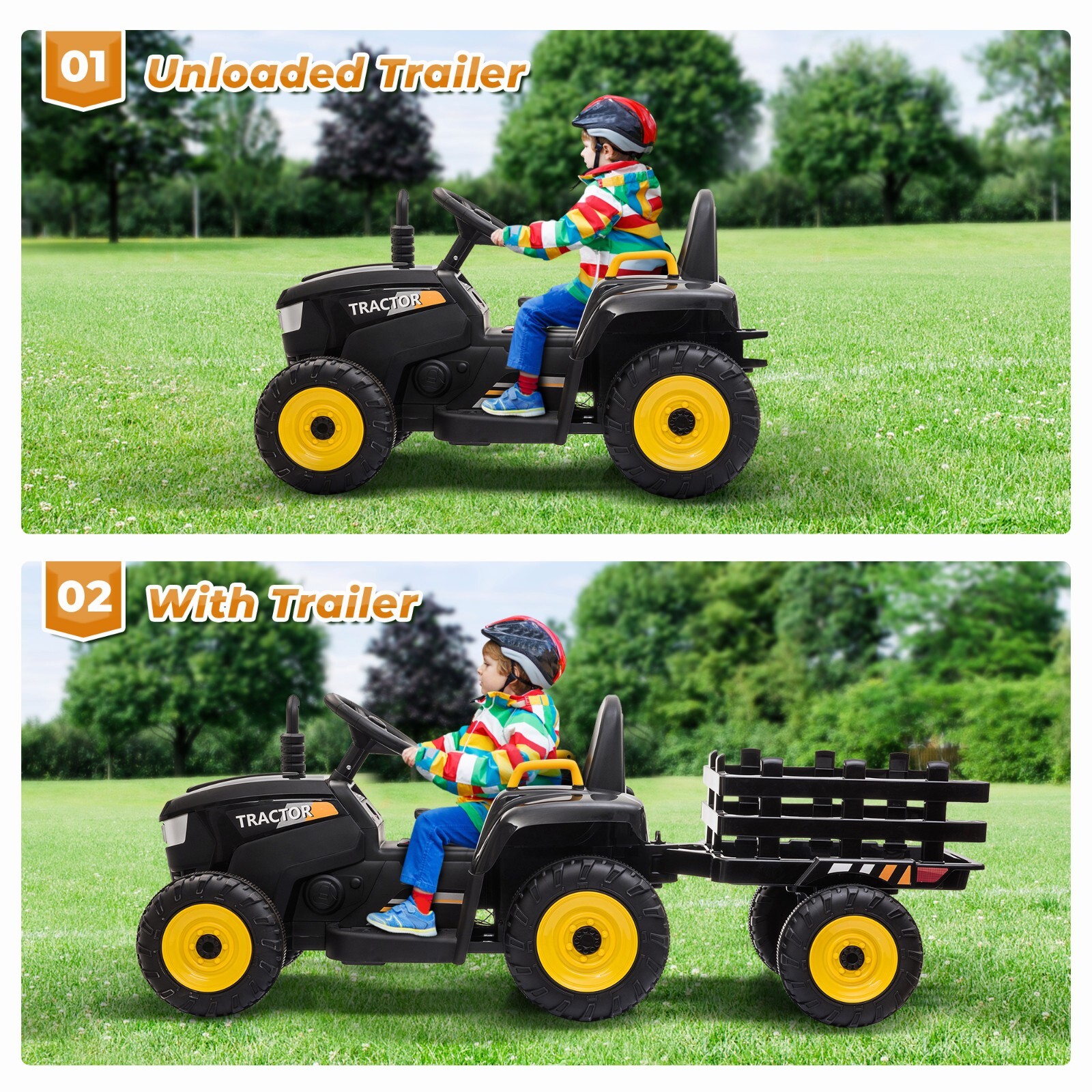 TOBBI 12V Battery-Powered Toy Tractor Ride On Toy with Trailer 35W Dual Motor