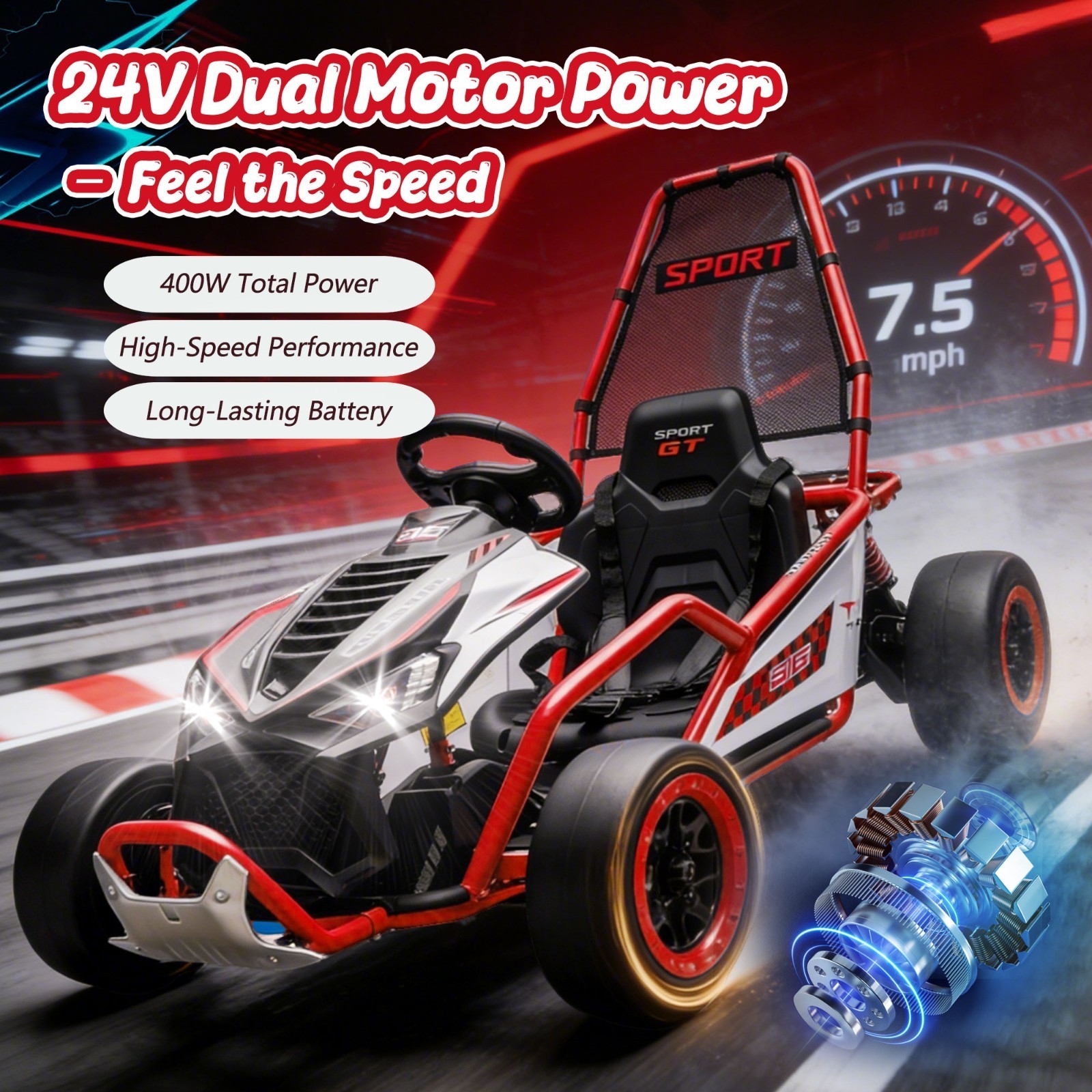 24V 400W Kids Go Kart Electric Drift Car 5-7.5MPH with Music 5-Point Safety Belt