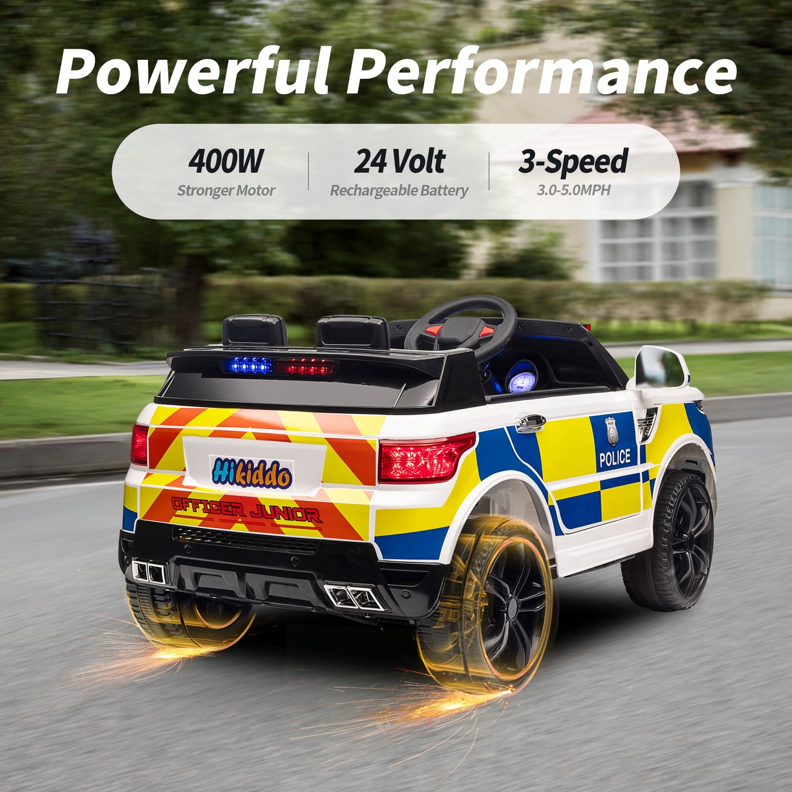 Outfunny Electric Police Car for Kids, 24 Volt Kids Ride on Toys W/ 400W Motors,