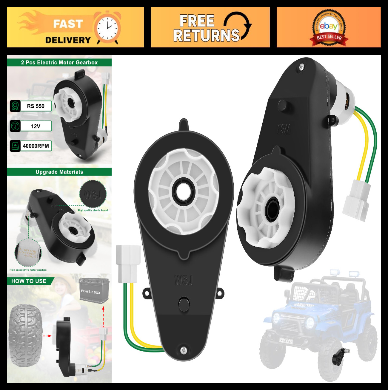 12V Electric Motor Gearbox for Kids Ride-On Cars, High Speed 40000RPM Upgrade Pa