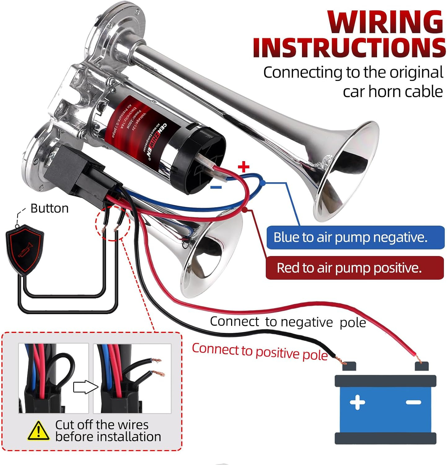 Air Horn for Car/Trucks, 150Db Super Loud Train Horn,With All-In-One 12V Air Com