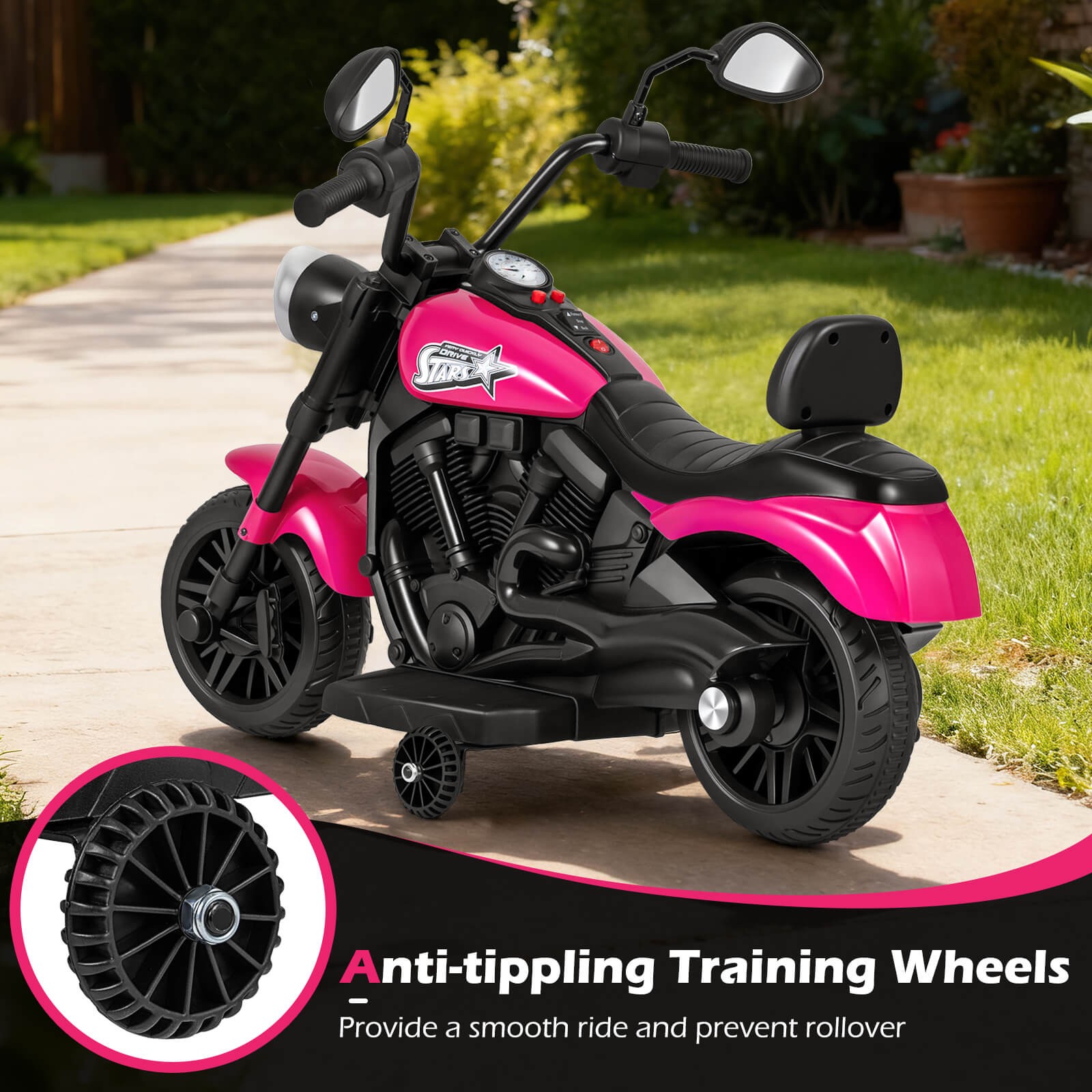 Kids Motorcycle w/Headlight, Music, Training Wheels, Foot Pedal for Boys Girls