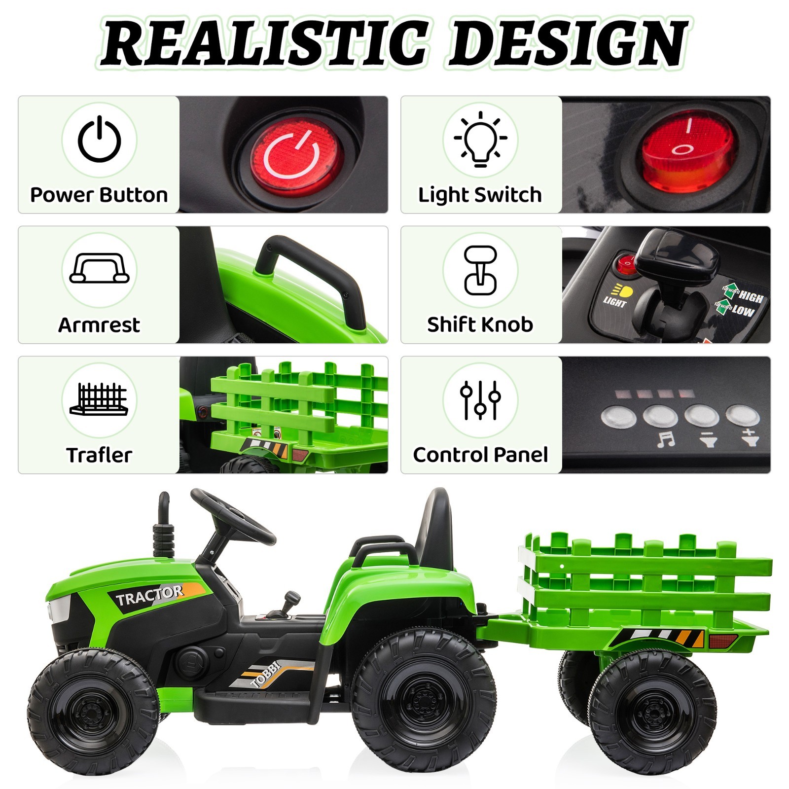 TOBBI 12V Battery-Powered Tractor Kids Ride-On Cars Electric Vehicle w/ Trailer