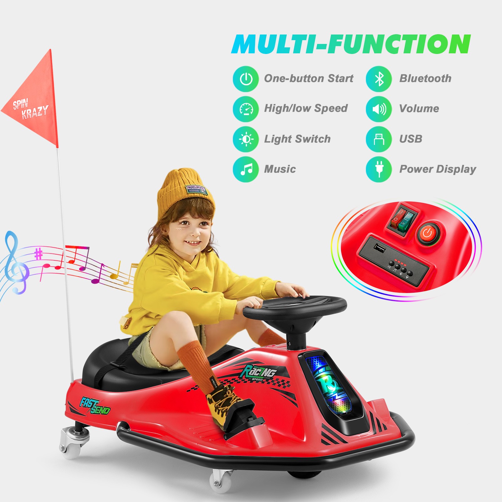 24V Kids Red Drifting Go Kart 360° Ride On Cart with Bluetooth