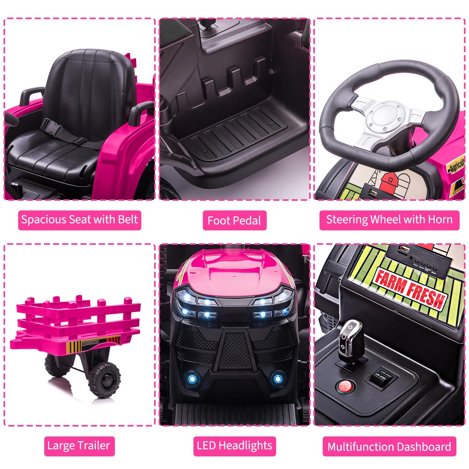 12V Electric Tractor with Detachable Trailer, Toddler Ride On Car/7-LED Headligh