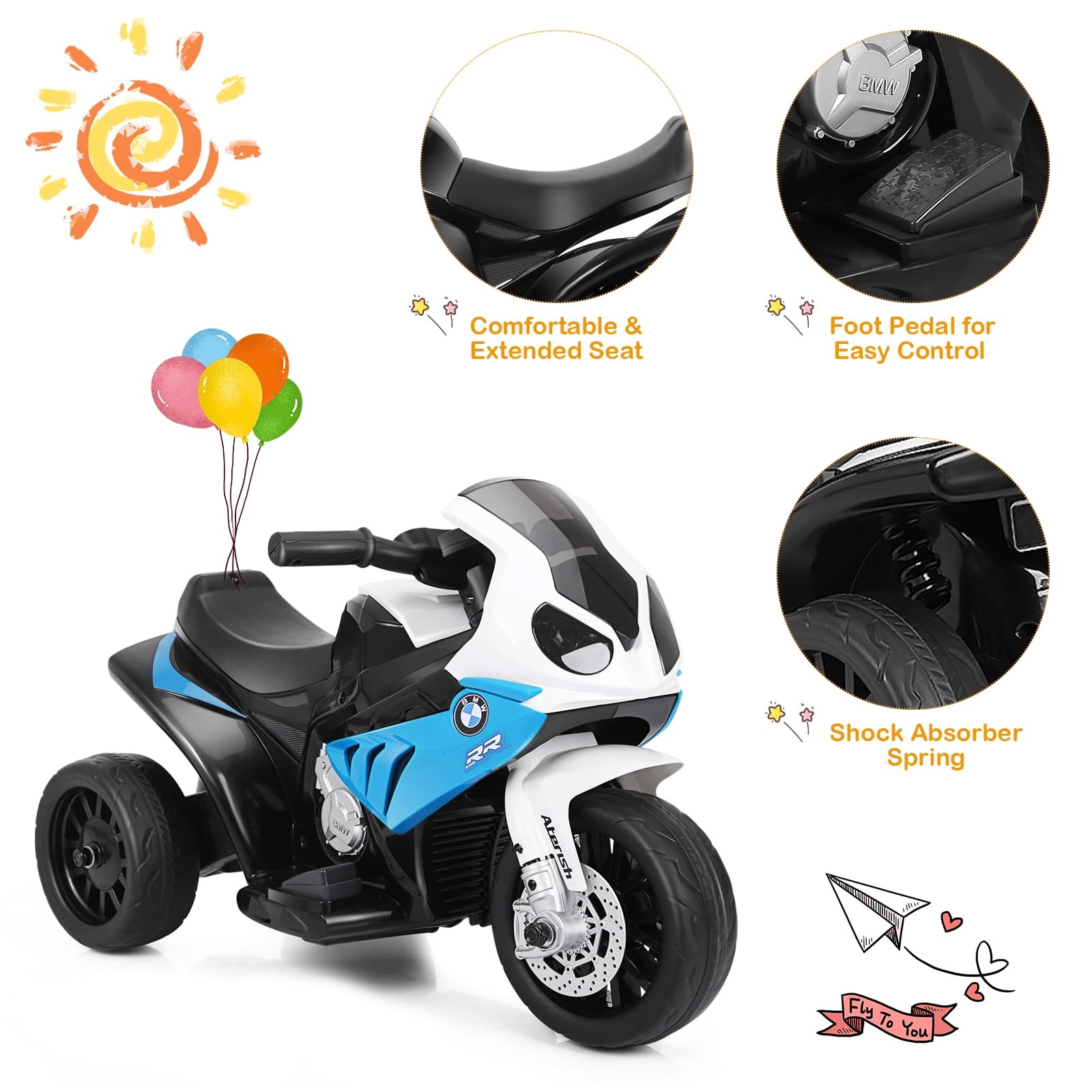 6V Licensed Kids Electric 3-Wheel Motorcycle Ride-On Blue with Music & Light