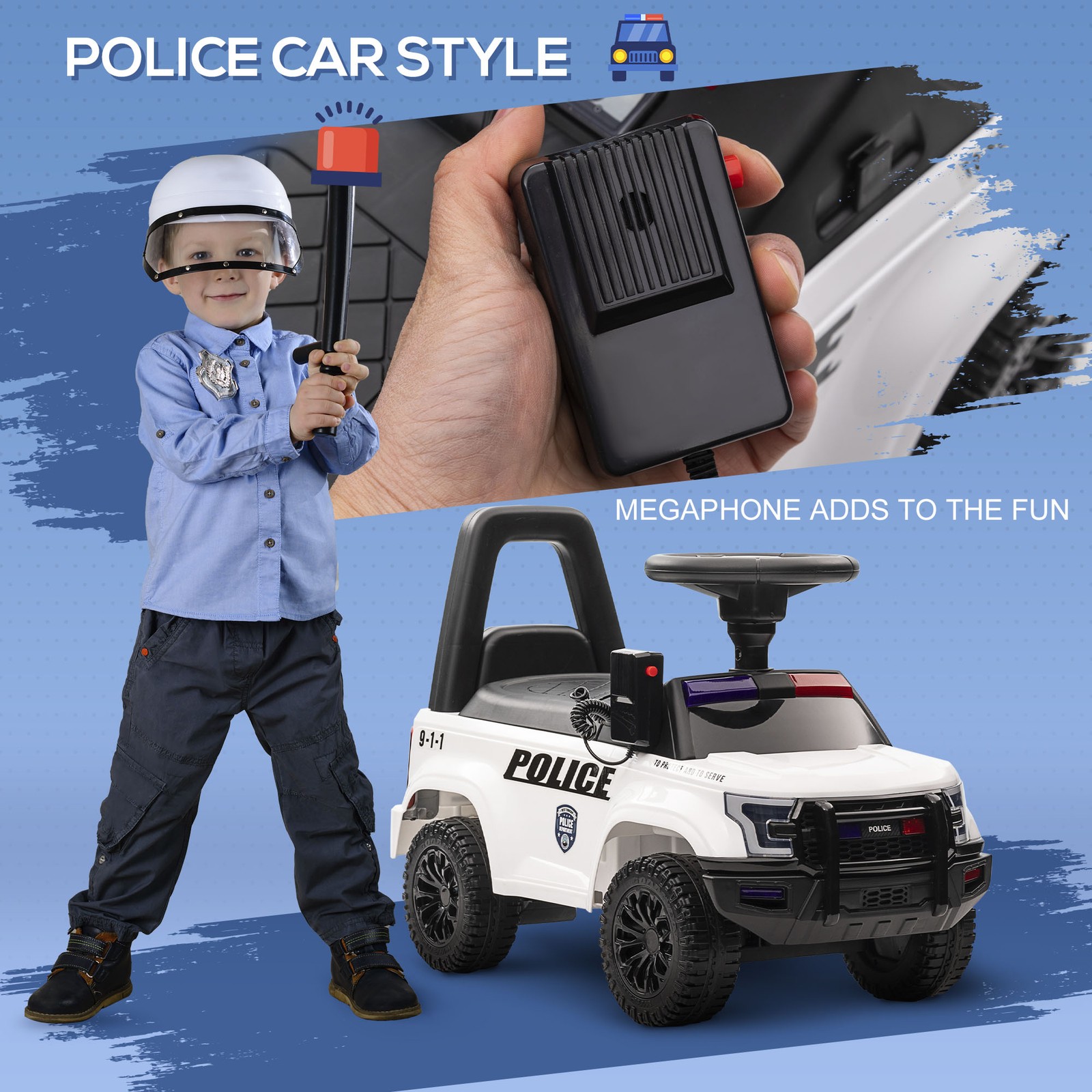 White Kids Push Ride On Police Car Foot to Floor Toy Horn 1.5-5 Years