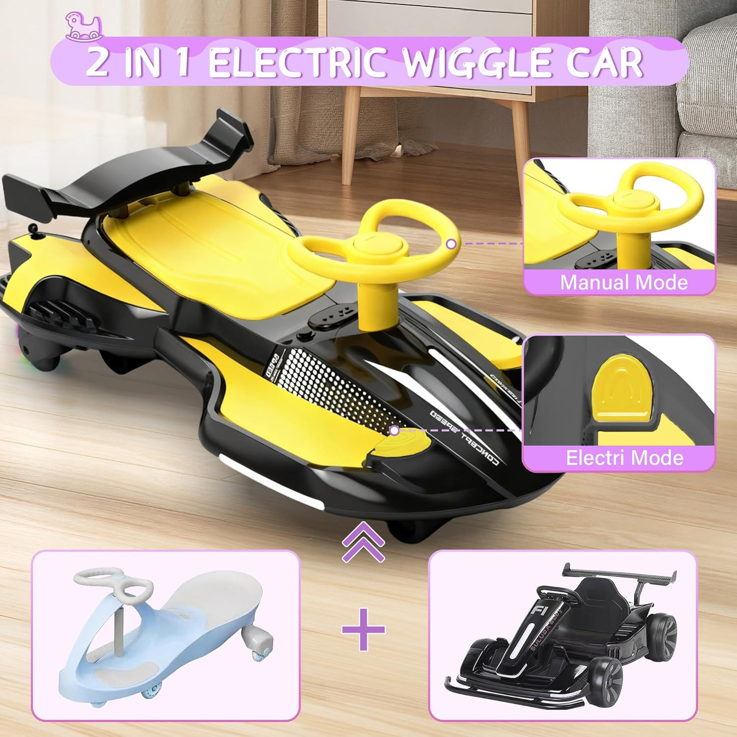 12V Electric Wiggle Car with Pedal for Kids, Rechargeable 2 in 1 Swing Toy, Devi