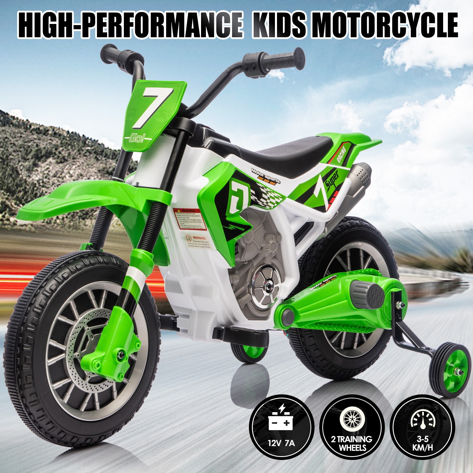 Blue/Green 12V Kids Electronic Ride-On Motorcycle Dirt Bike with Training Wheels